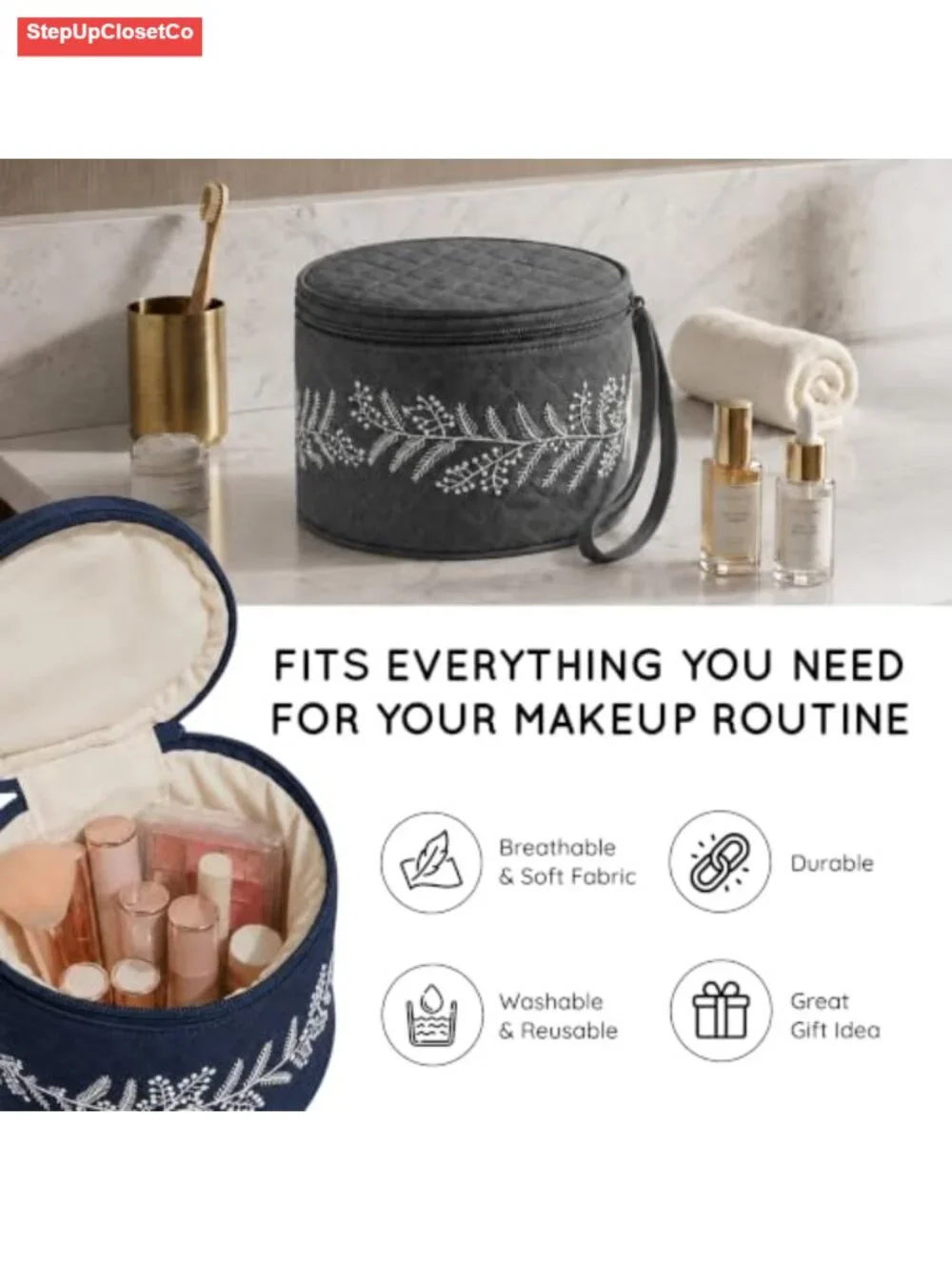Hand Embroidered Linen Makeup Storage Box Set of 2 Cylinder Cosmetic Organizer